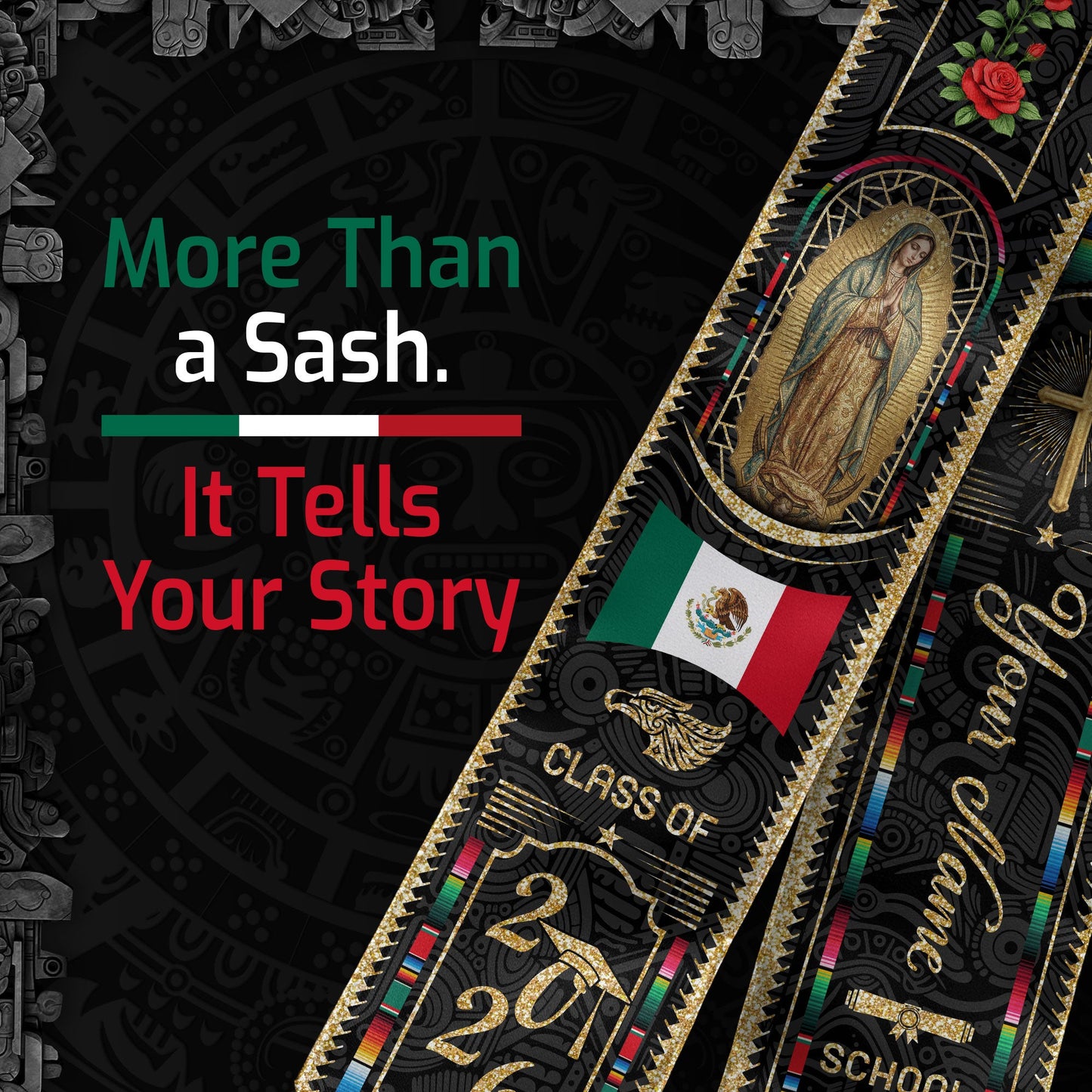 Custom Mexico Graduation Stole 2026 - Virgin of Guadalupe & Serape Aztec Sash