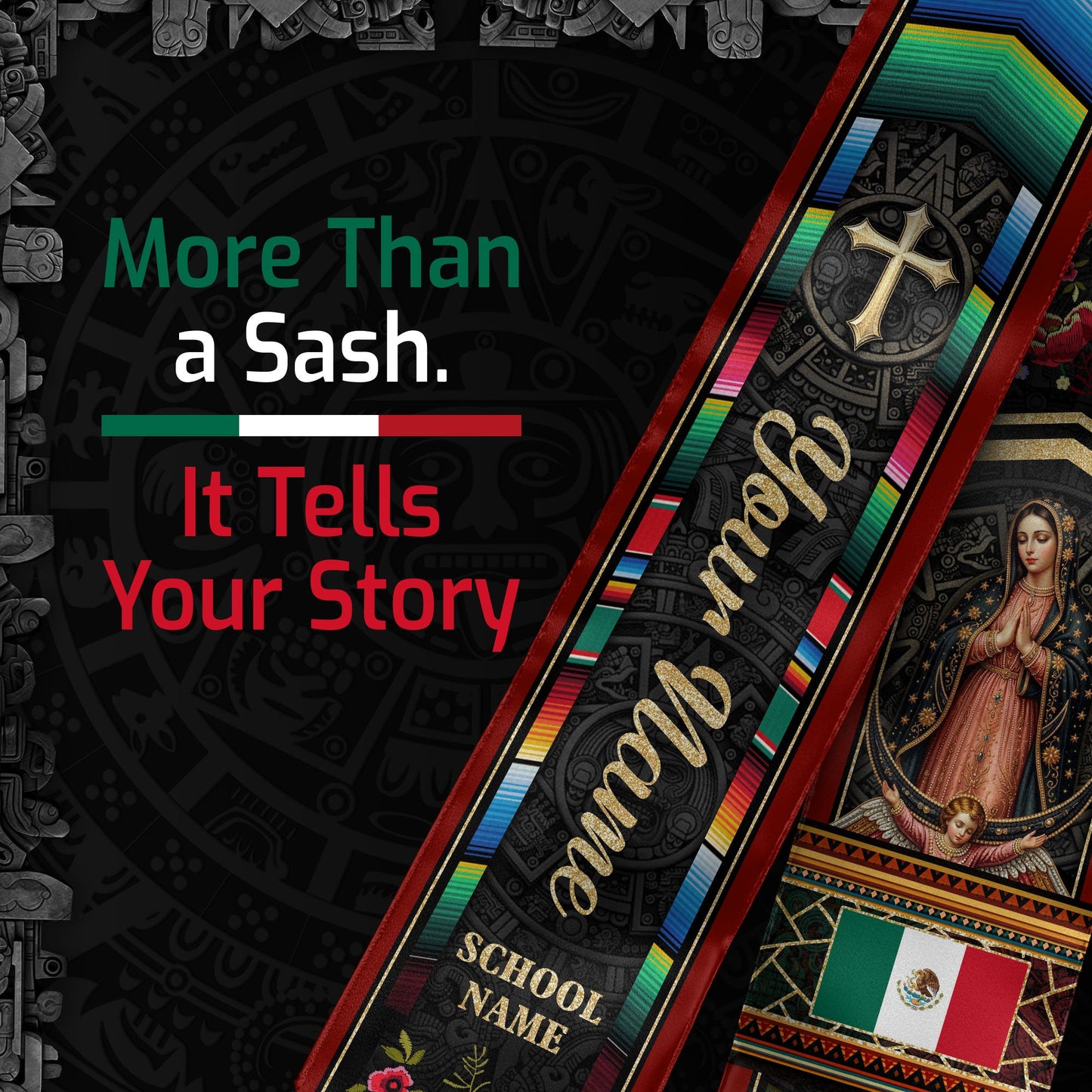 Custom Mexico Graduation Stole 2026 - Mexican Red Serape & Virgin of Guadalupe Sash