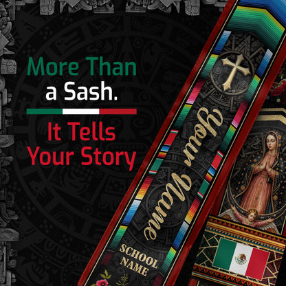 Custom Mexico Graduation Stole 2026 - Mexican Red Serape & Virgin of Guadalupe Sash