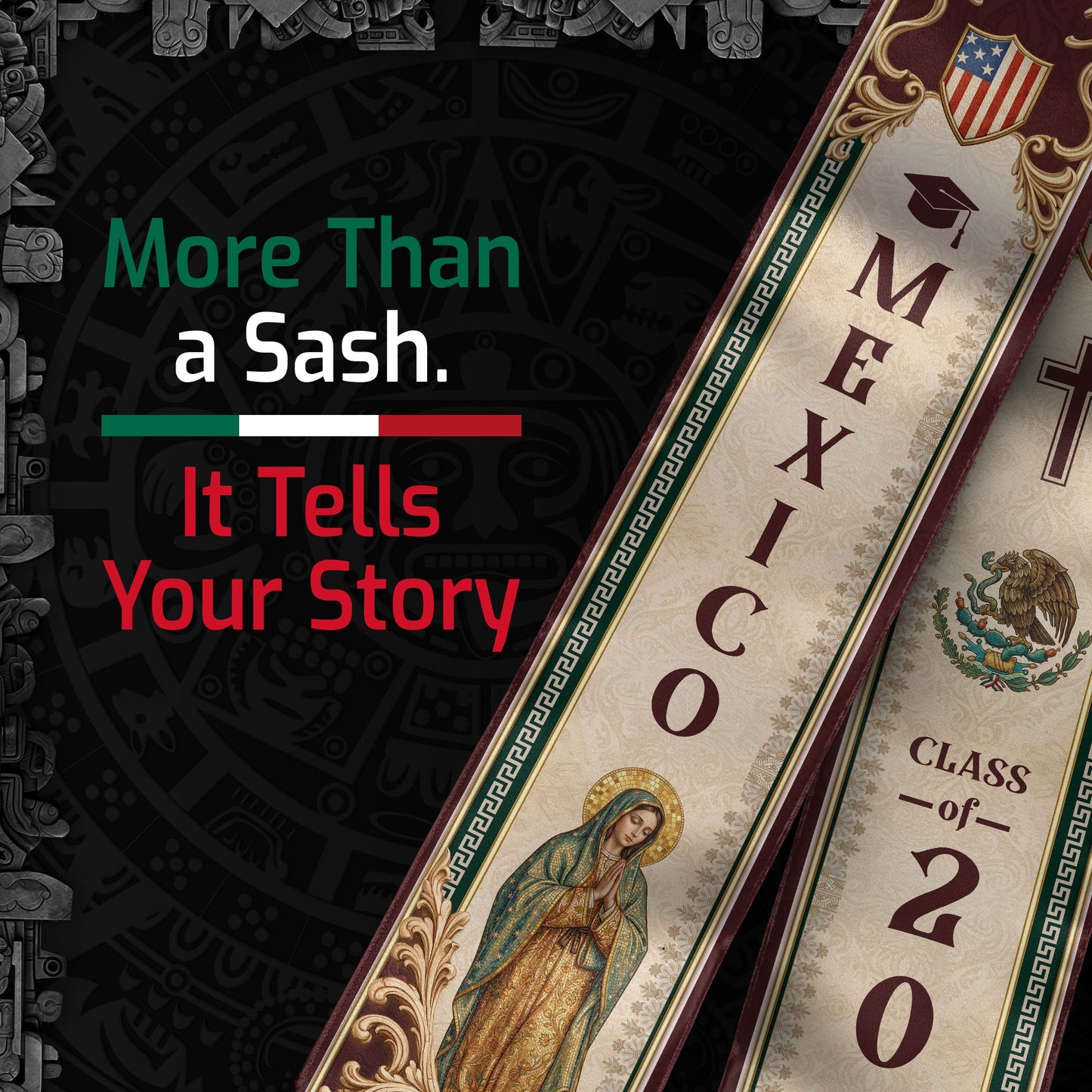 Mexico Graduation Stole 2026 Our Lady of Guadalupe Cross Catholic Classic Design