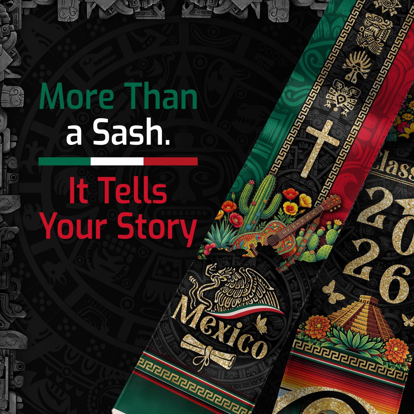 Mexico Graduation Stole 2026 Virgen de Guadalupe Cross Cactus Guitar Aztec Cultural Design