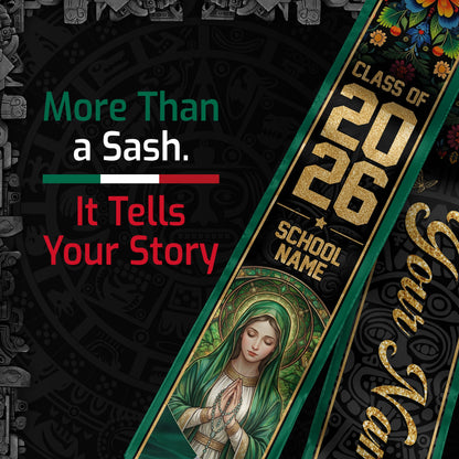 Personalized Mexico Flag Graduation Stole 2026 Our Lady of Guadalupe Floral Kente Sash