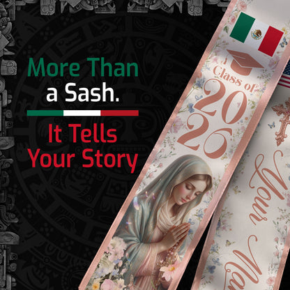 Custom Mexican American Graduation Stole 2026 Virgin Mary Floral Mexico USA Flag Sash