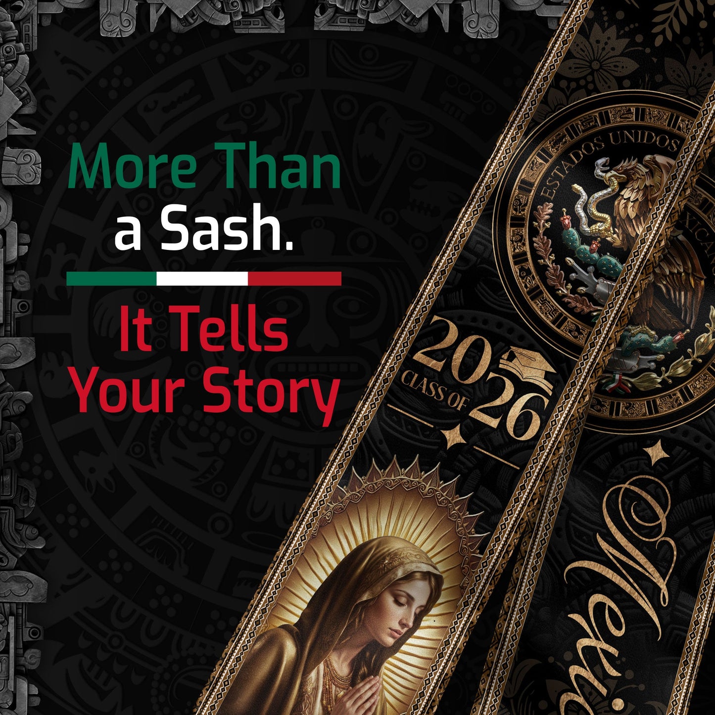 Mexico Graduation Stole Class of 2026 Virgin Mary Guadalupe Black Gold Gift Sash