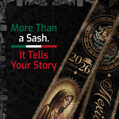 Mexico Graduation Stole Class of 2026 Virgin Mary Guadalupe Black Gold Gift Sash