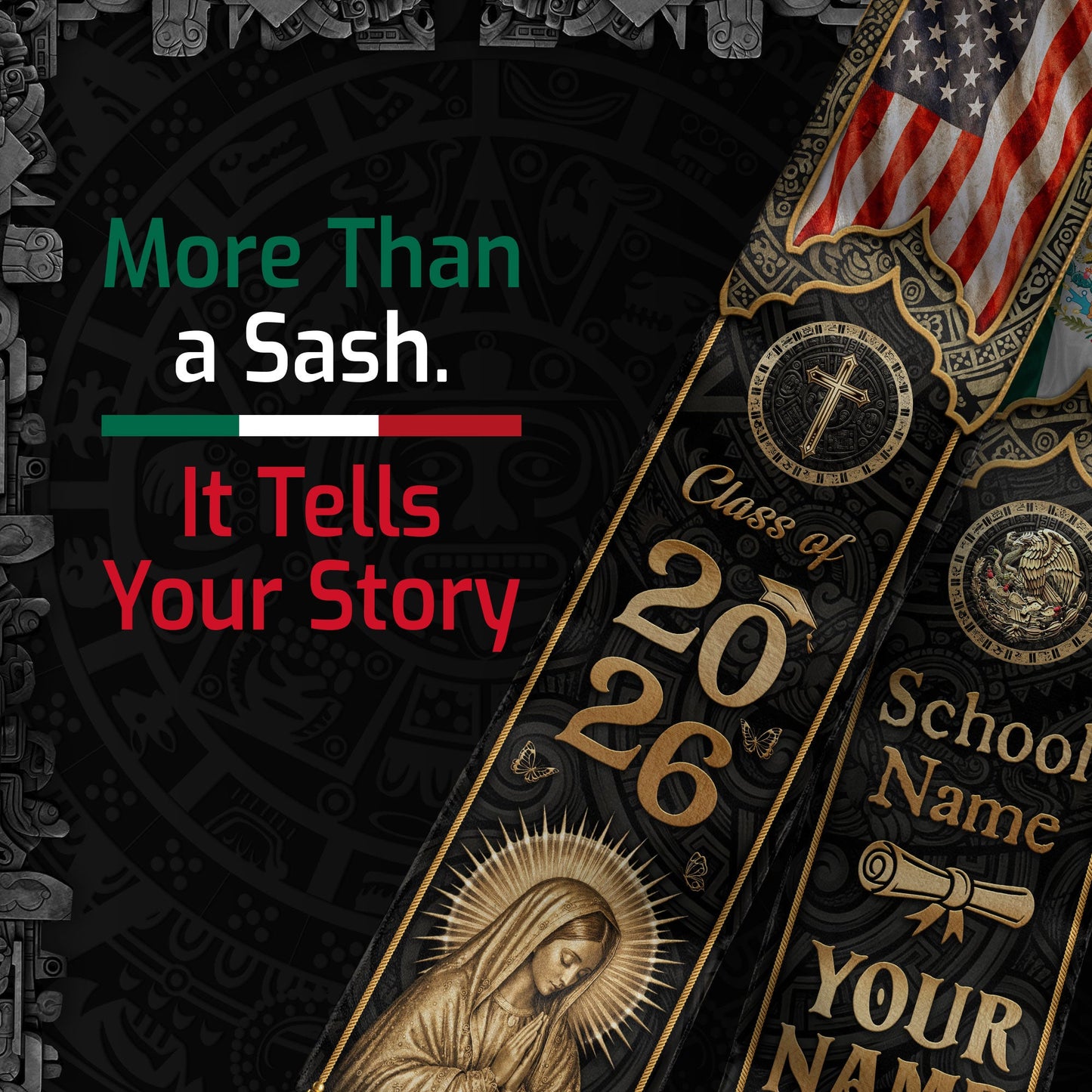 Mexico Graduation Stole Custom Name Class of 2026 USA Flag Virgin Mary Heritage Sash