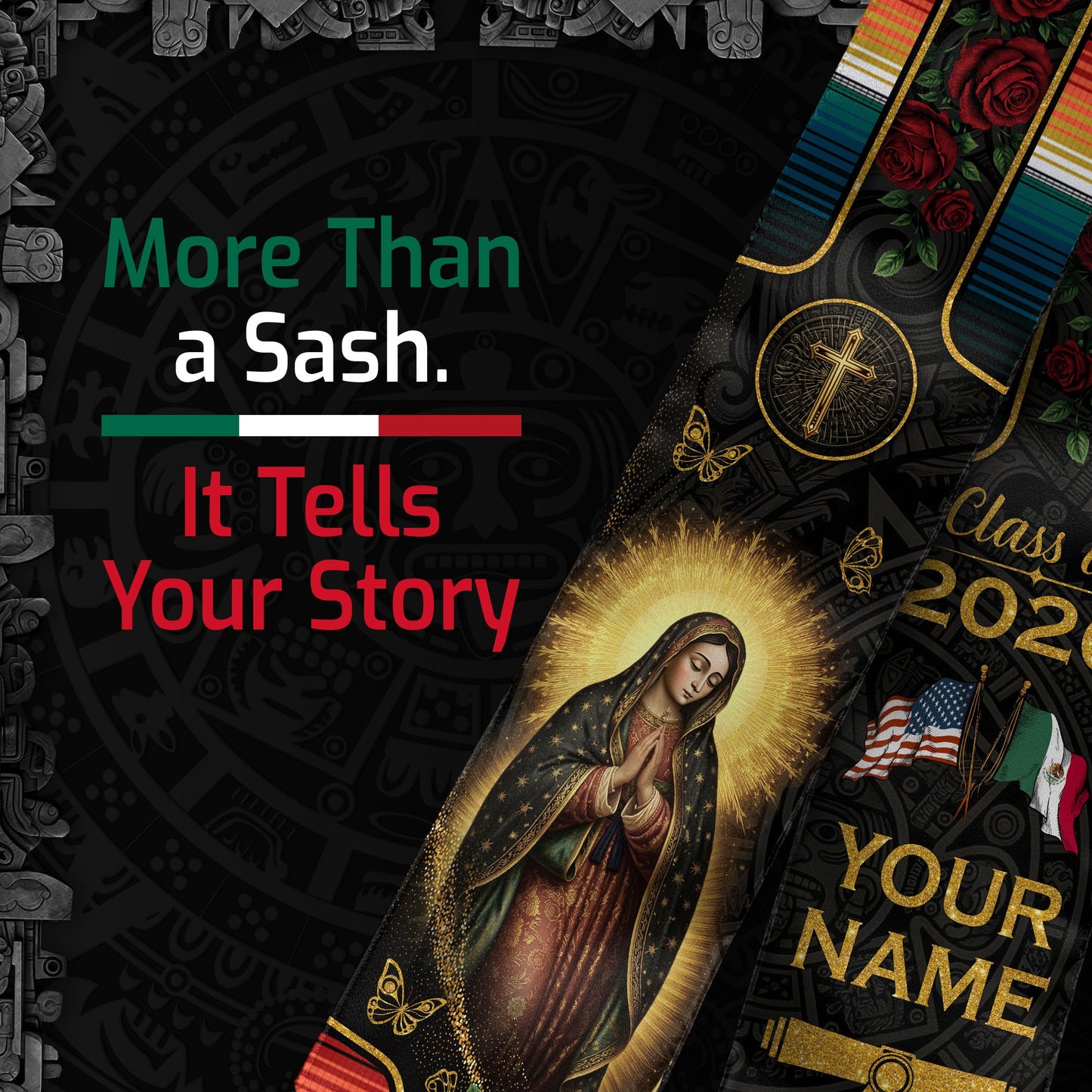 Mexico Graduation Stole Custom Name Class of 2026 Virgin Mary USA Mexico Flag Sash