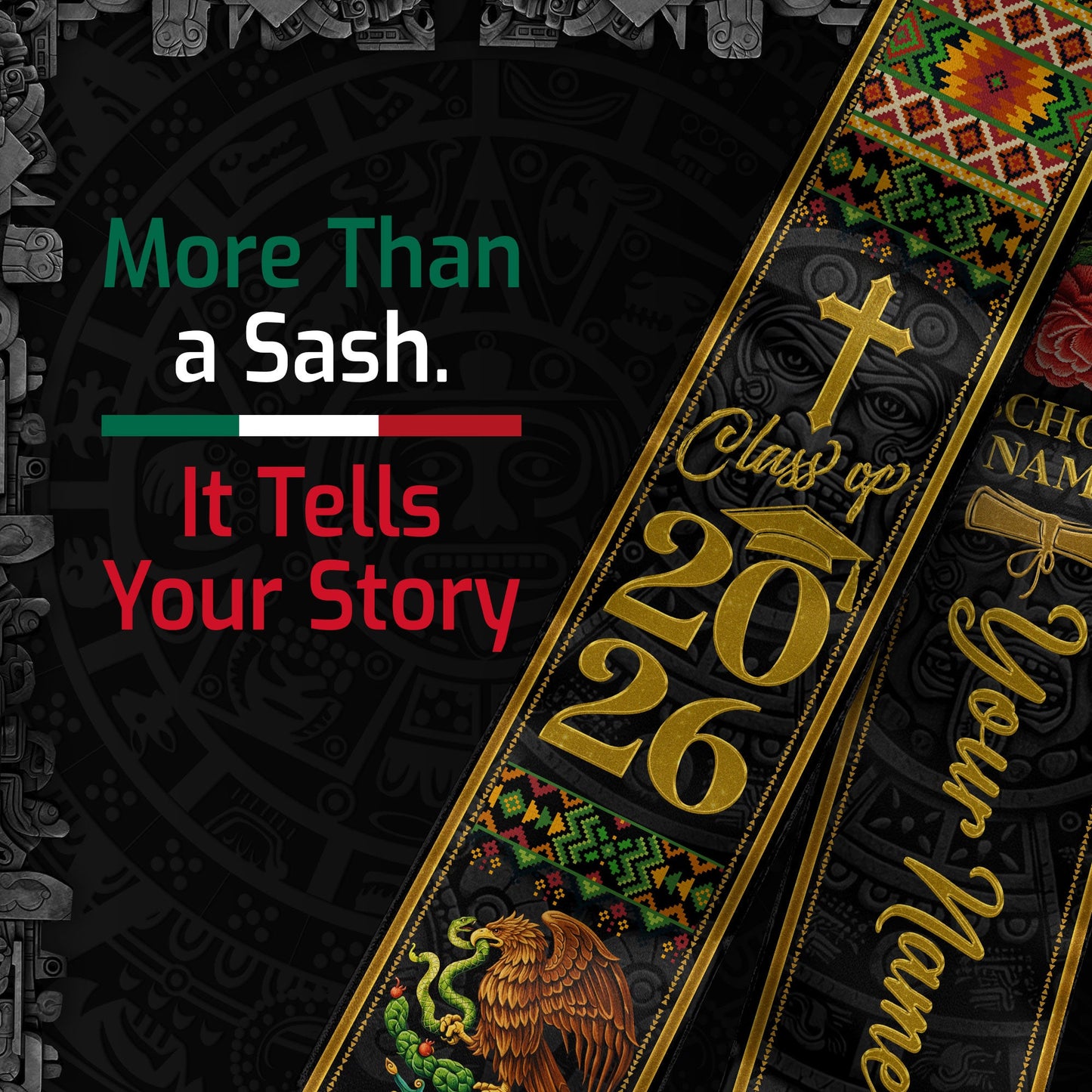 Custom Name Mexican Graduation Stole 2026 - Our Lady of Guadalupe & Eagle Heritage Sash