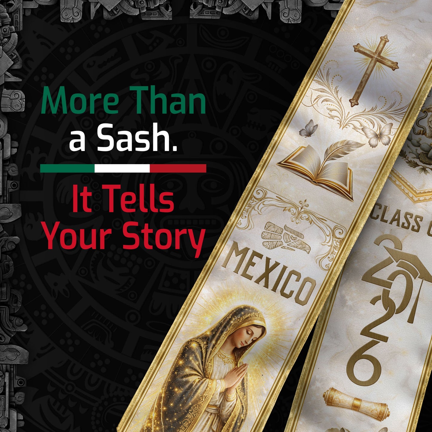Class of 2026 Mexican Graduation Stole - Virgin Mary & Knowledge Gold Sash