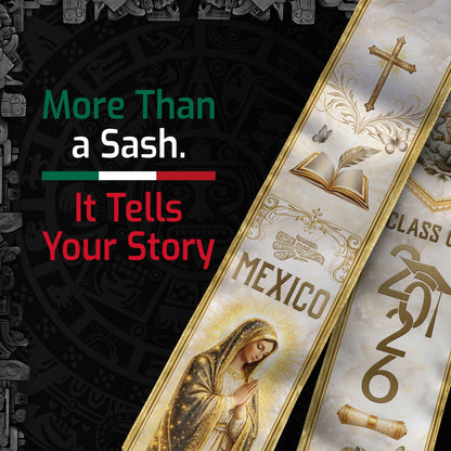 Class of 2026 Mexican Graduation Stole - Virgin Mary & Knowledge Gold Sash