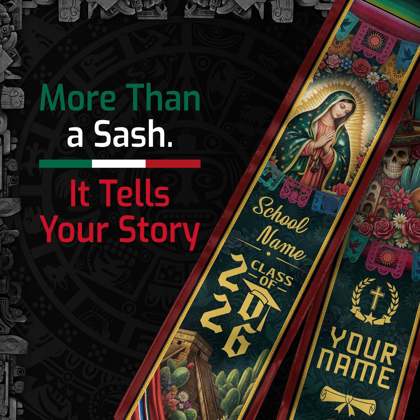 Custom Mexico Graduation Stole 2026 - Sugar Skull, Guitar & Guadalupe Heritage Sash