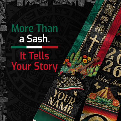 Personalized Mexican Graduation Stole 2026 - Aztec Pyramid & Guitar Heritage Sash