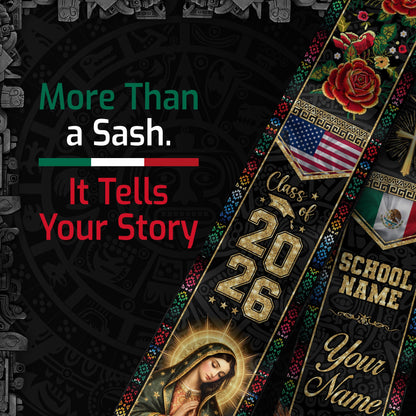 Custom Mexico Graduation Stole 2026 Eagle Snake Virgin Mary Mexican US Flag Serape Sash