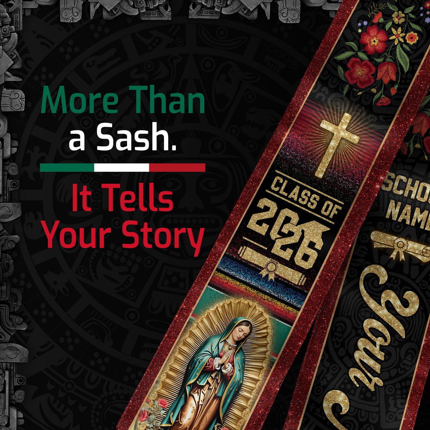 Personalized Mexico US Flag Graduation Sash 2026 - Virgin Mary Floral Stole Gold