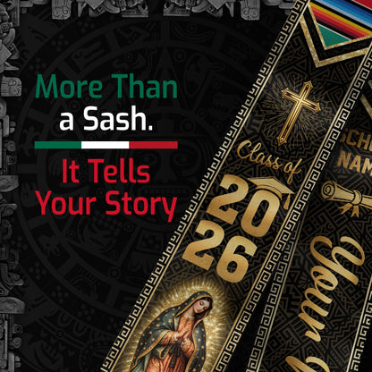 Mexico USA Graduation Stole Class of 2026 - Personalized Serape Heritage Gold Sash