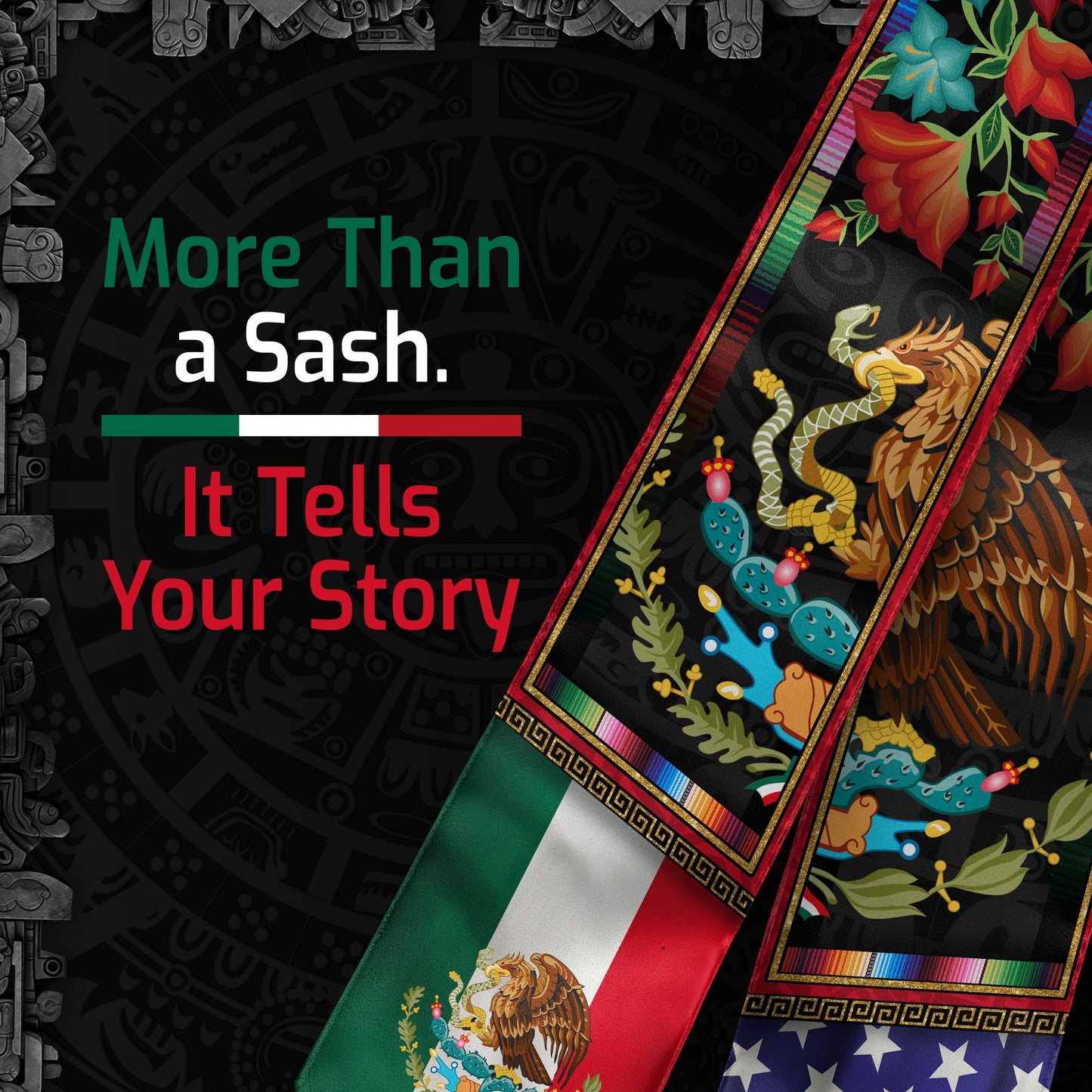 Mexican American Graduation Stole - Eagle Serpent Flag Sash Cultural Pride