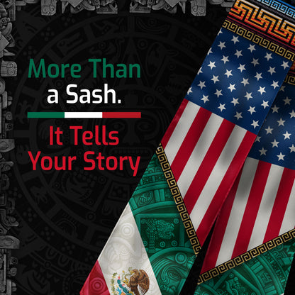 Mexico USA Flag Graduation Stole - Aztec Pattern Mexican American Heritage Sash