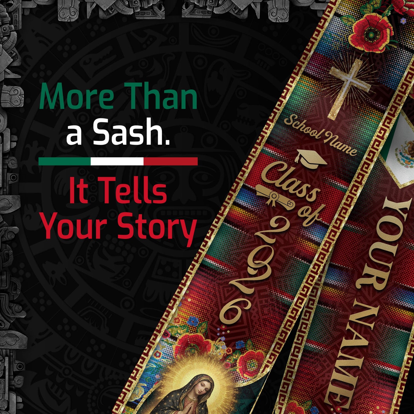 Custom Mexican Heritage Graduation Stole 2026 Virgin Mary Serape Eagle Sash