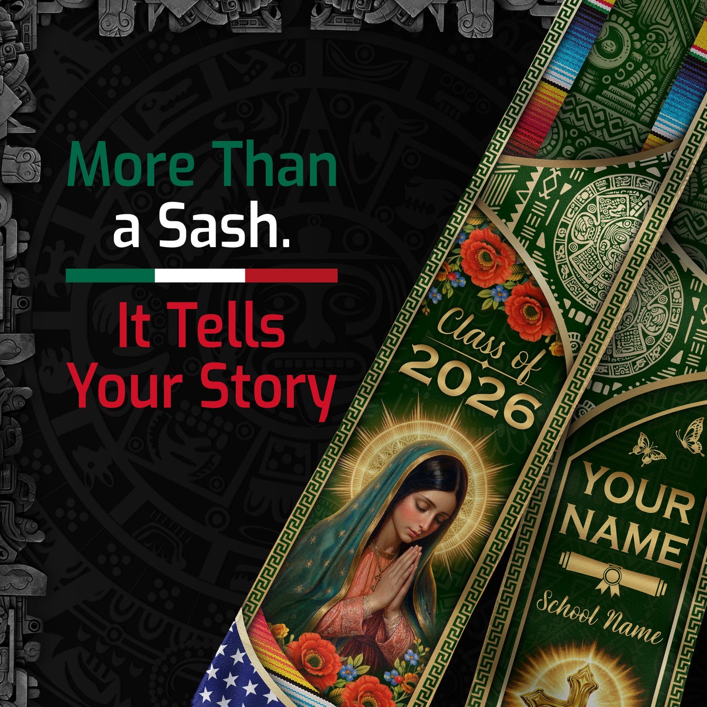Custom Mexico USA Flag Graduation Stole 2026 Virgin Mary Heritage Sash