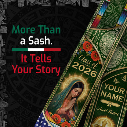 Custom Mexico USA Flag Graduation Stole 2026 Virgin Mary Heritage Sash