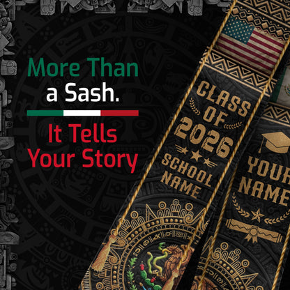 Custom Mexico USA Flag Graduation Stole 2026 Aztec Calendar Heritage Gold Sash