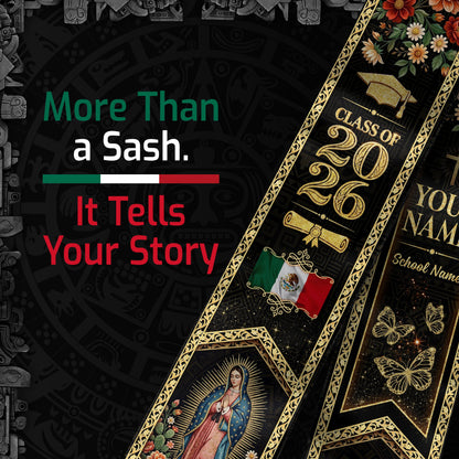 Custom Mexico Graduation Stole 2026 Tassels Virgin Mary Eagle Black Gold Sash