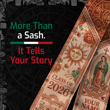 Personalized Mexico Graduation Stole 2026 Tassels Virgin Mary Terracotta Aztec Sash