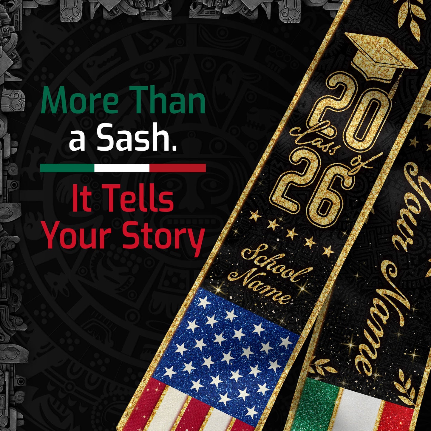 Personalized Mexico USA Golden Tassels Edition Class of 2026 Graduation Stole