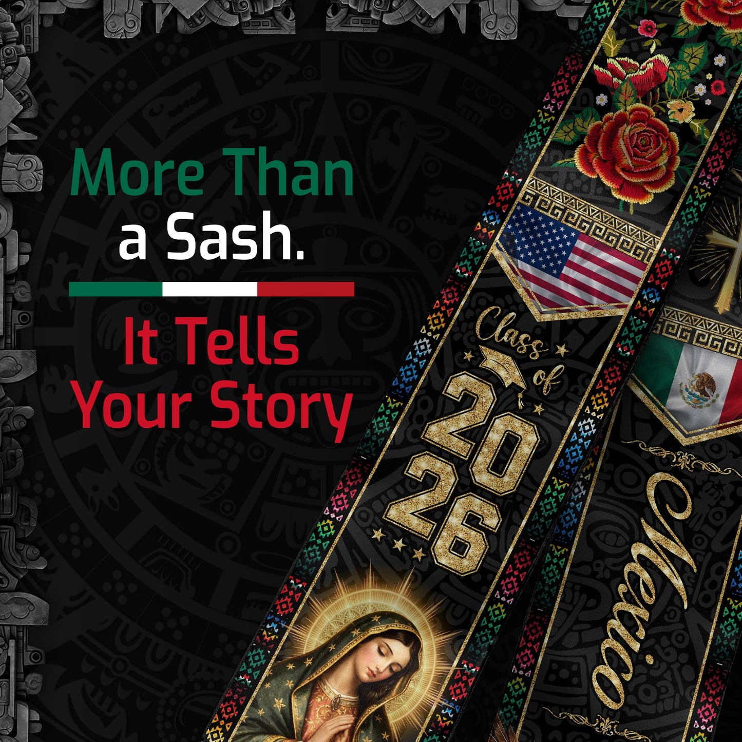Mexico Graduation Stole Class of 2026 Eagle and Snake Virgin Mary Mexican USA Flag Sash
