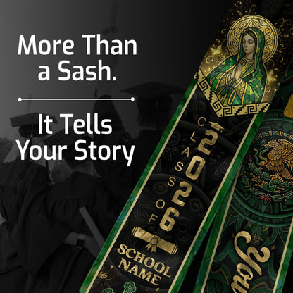 Mexican Heritage Graduation Stole 2026 - Custom Name Green Gold Virgin Mary Cross Sash