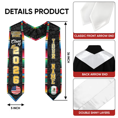Custom Mexican Graduation Stole 2026 USA Mexico Flag Serape Eagle Emblem