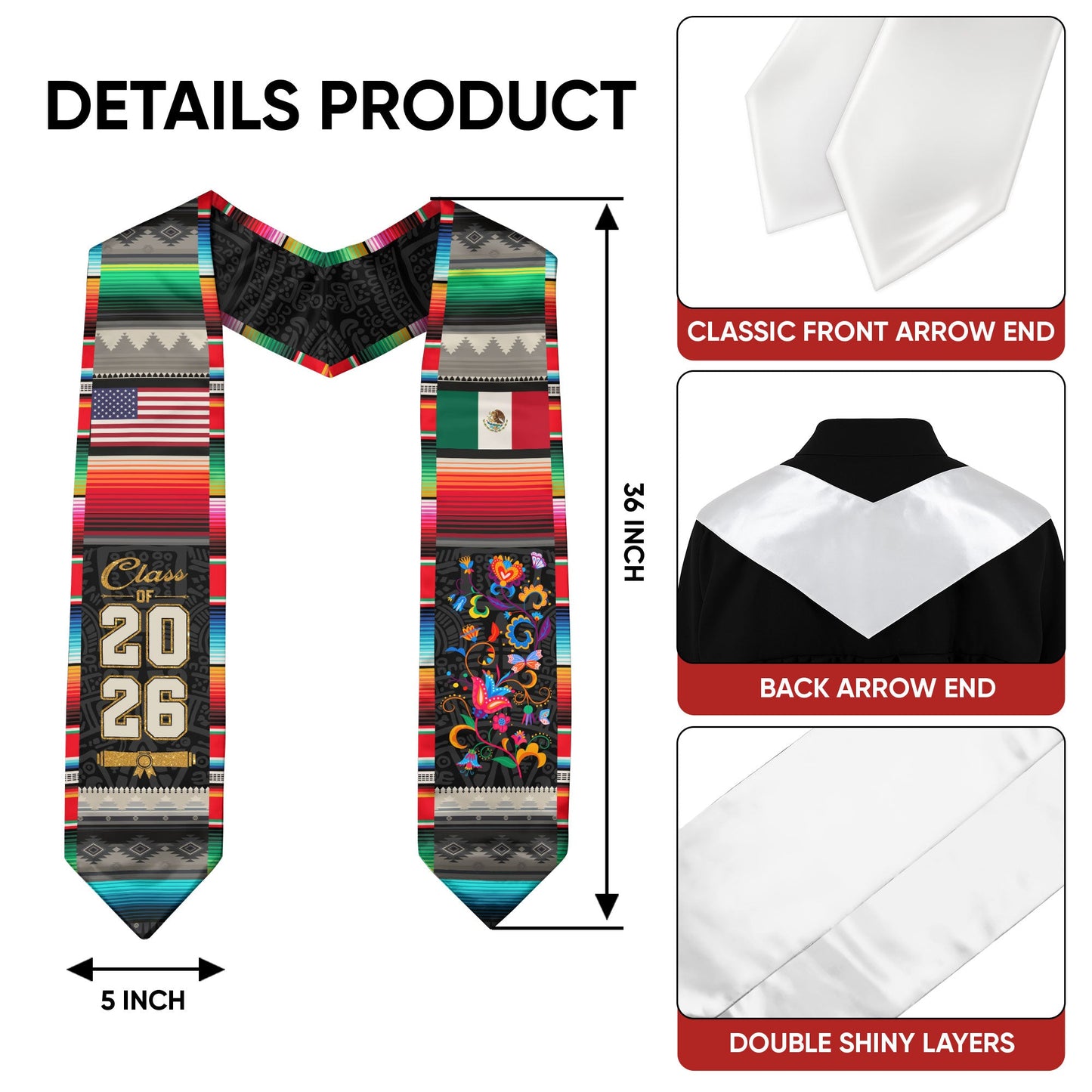 Mexican Stole 2026 Graduation, Mexico Sash for High School and College, Class of 2026