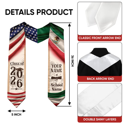 Mexican Stole for Graduation 2026, Mexico Graduation Stole, Customizable Flag Sash