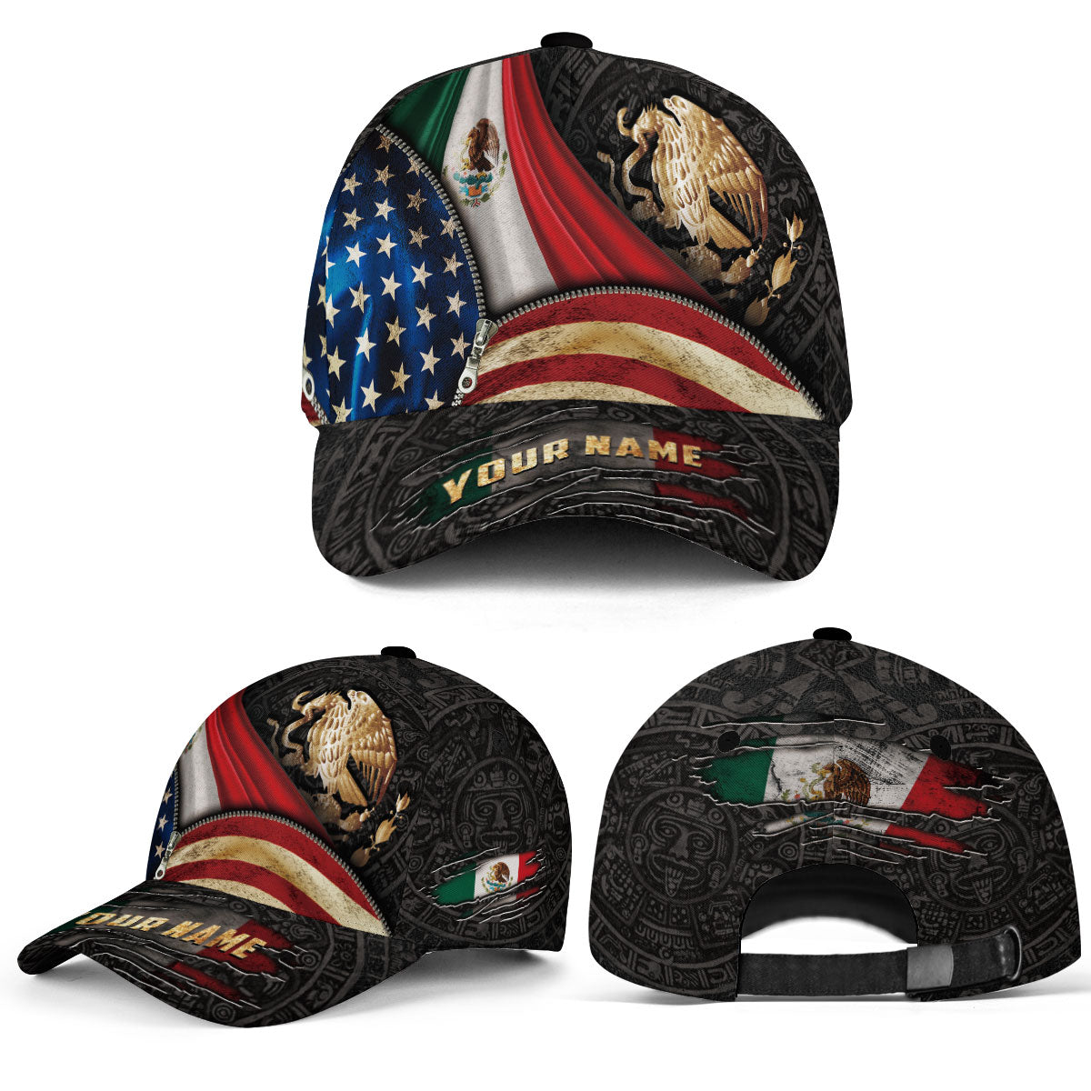 Custom Mexico Heritage Pride Hat 2-Pack Bundle – USA Flag Eagle Roots Unity + Guadalupe Virgin Mary Eagle Aztec Faith