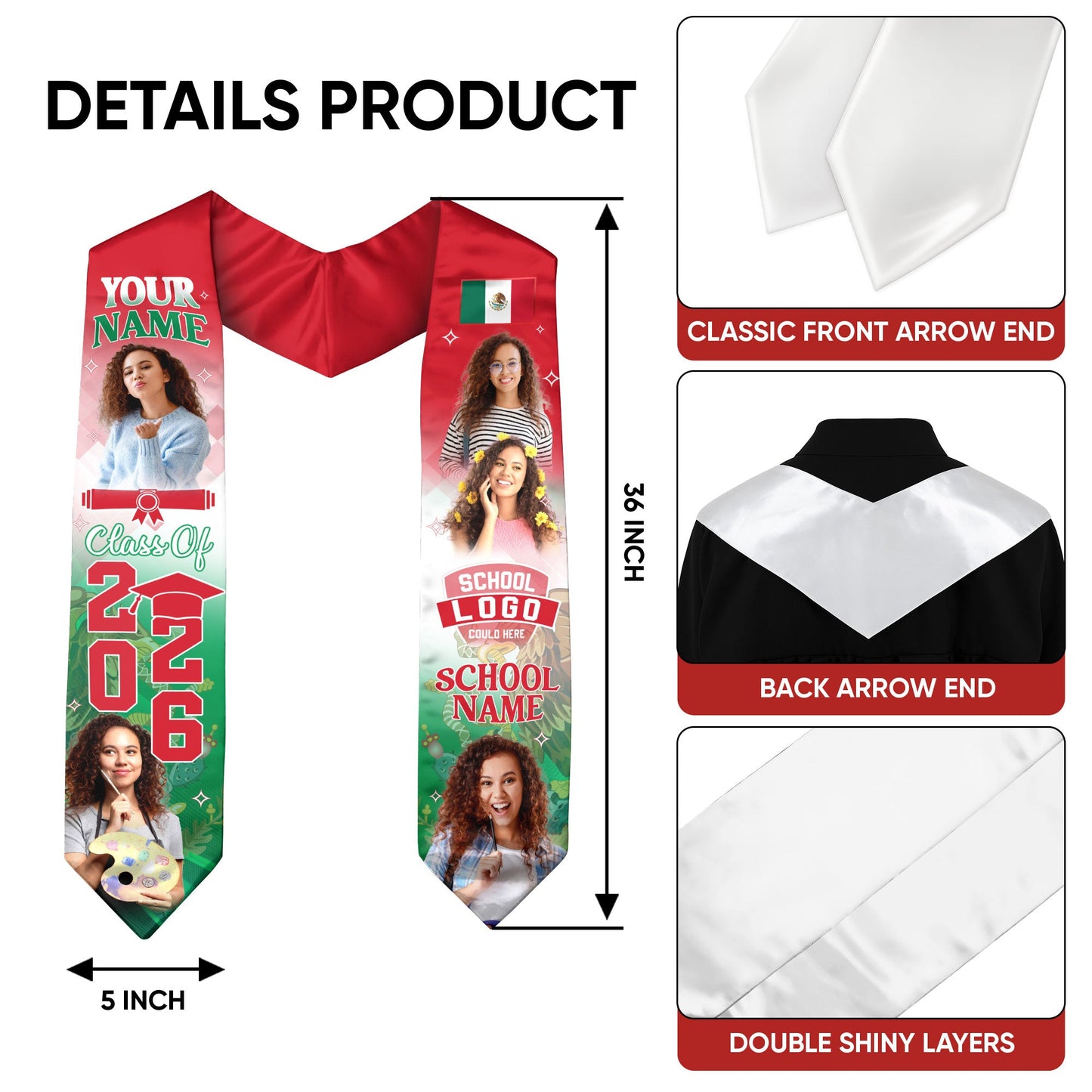 Mexico Aztec Stole 2026 for Graduate, Custom Photo Mexican Graduation Sash