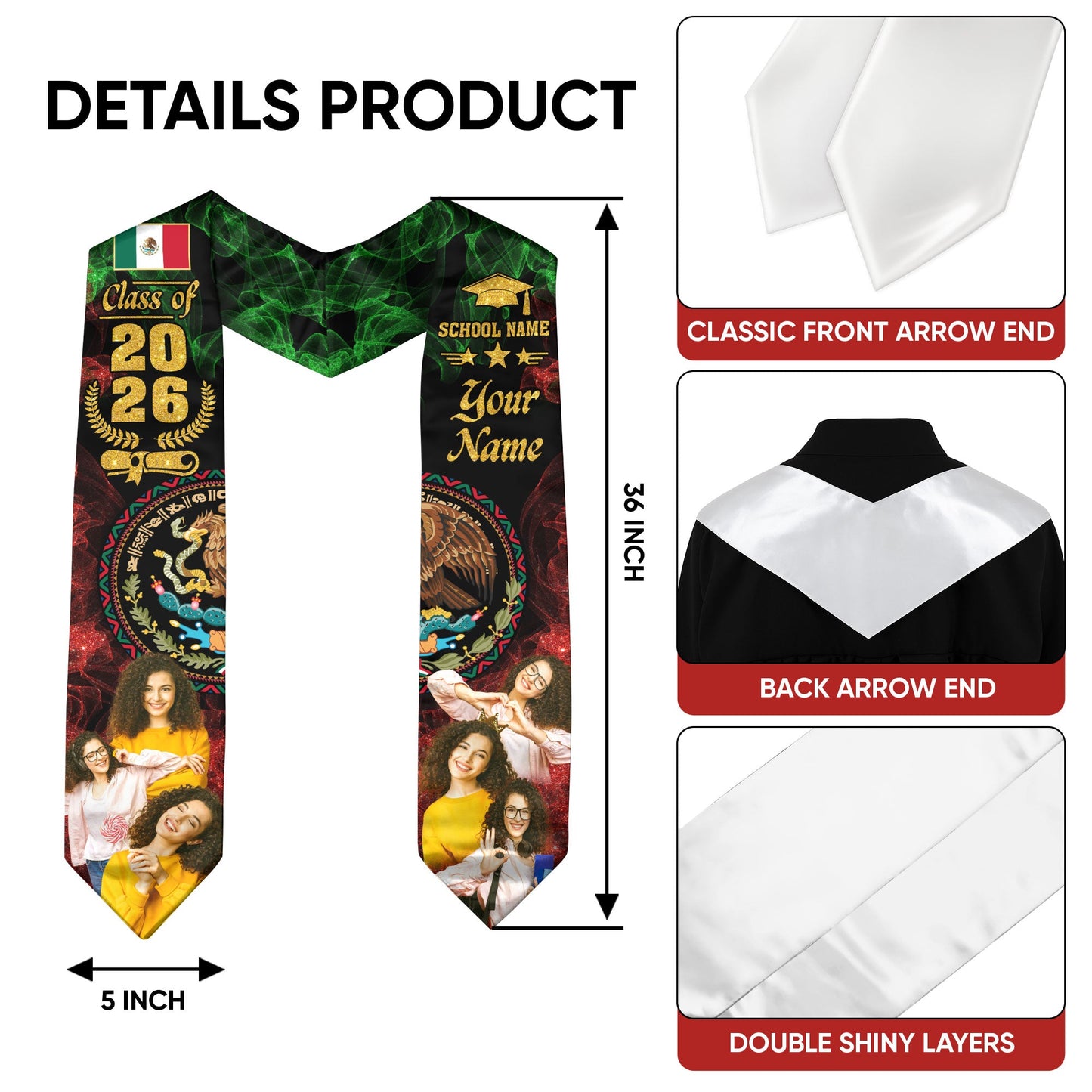 Mexican Aztec Custom Photo Stole 2026, Graduation Sash Mexico for Proud Graduate