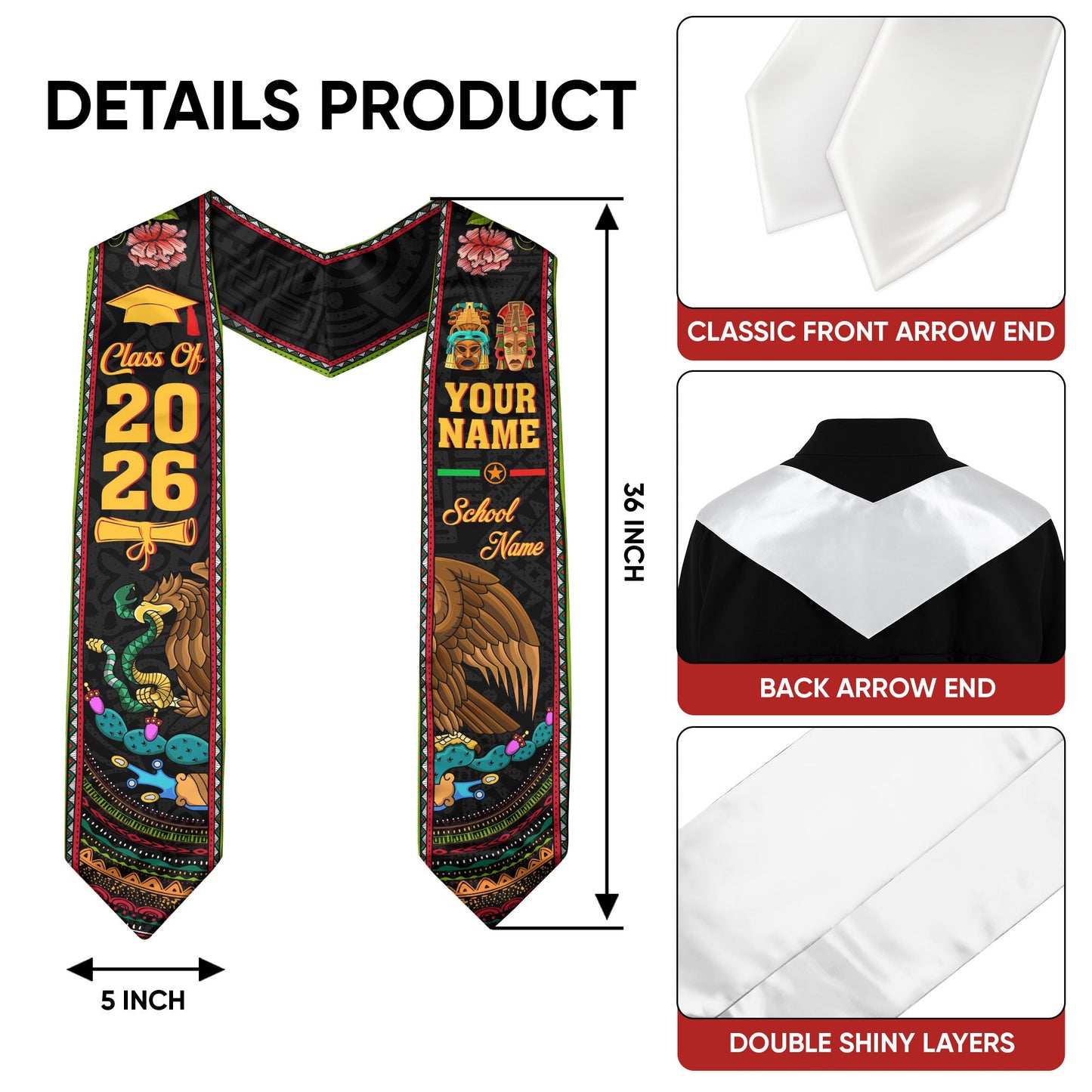 Mexican Mexico Aztec Graduation Stole 2026, Custom Sash for Graduate Ceremony