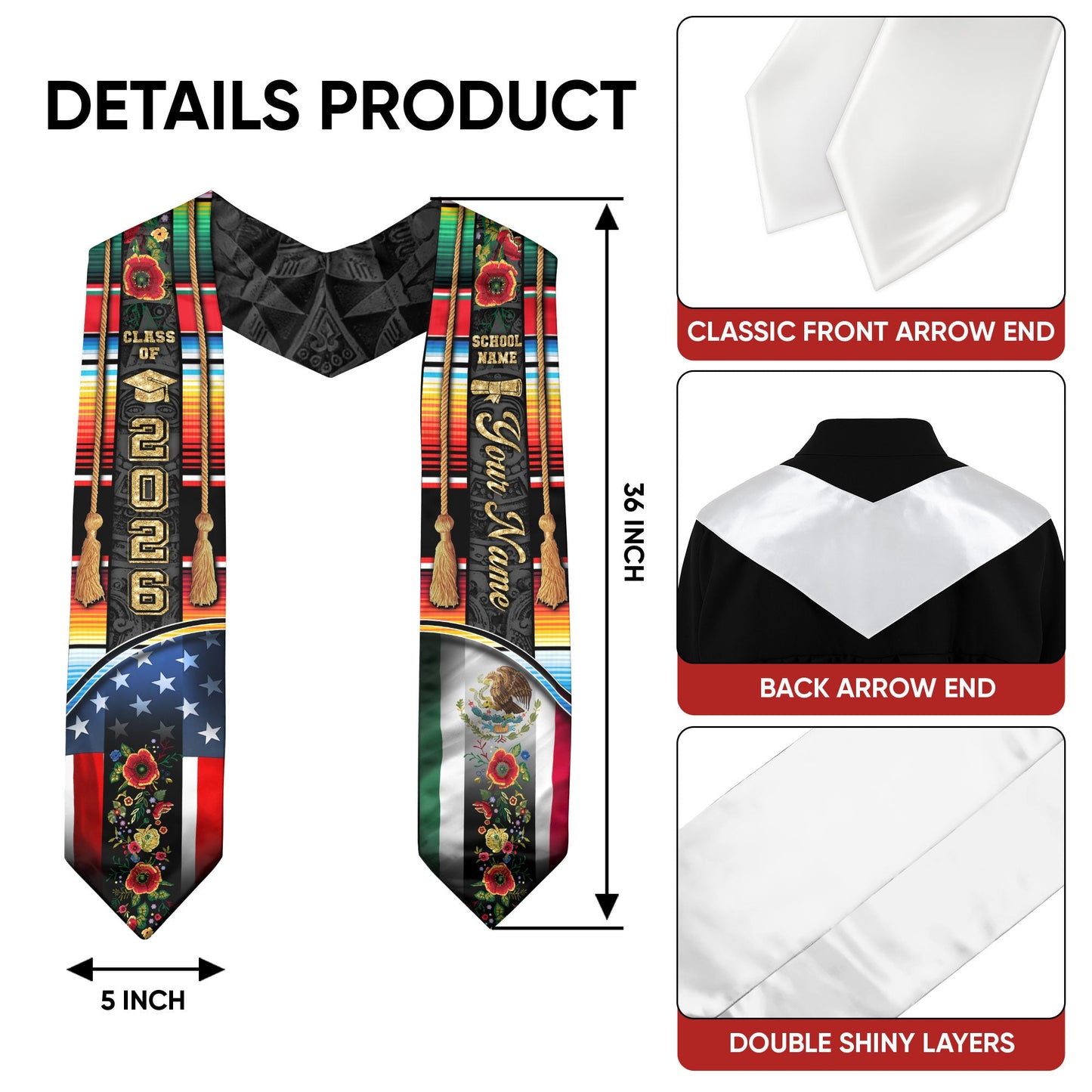 Personalized Mexico Graduation Stole 2026, Custom Mexican Sash for Class Graduate