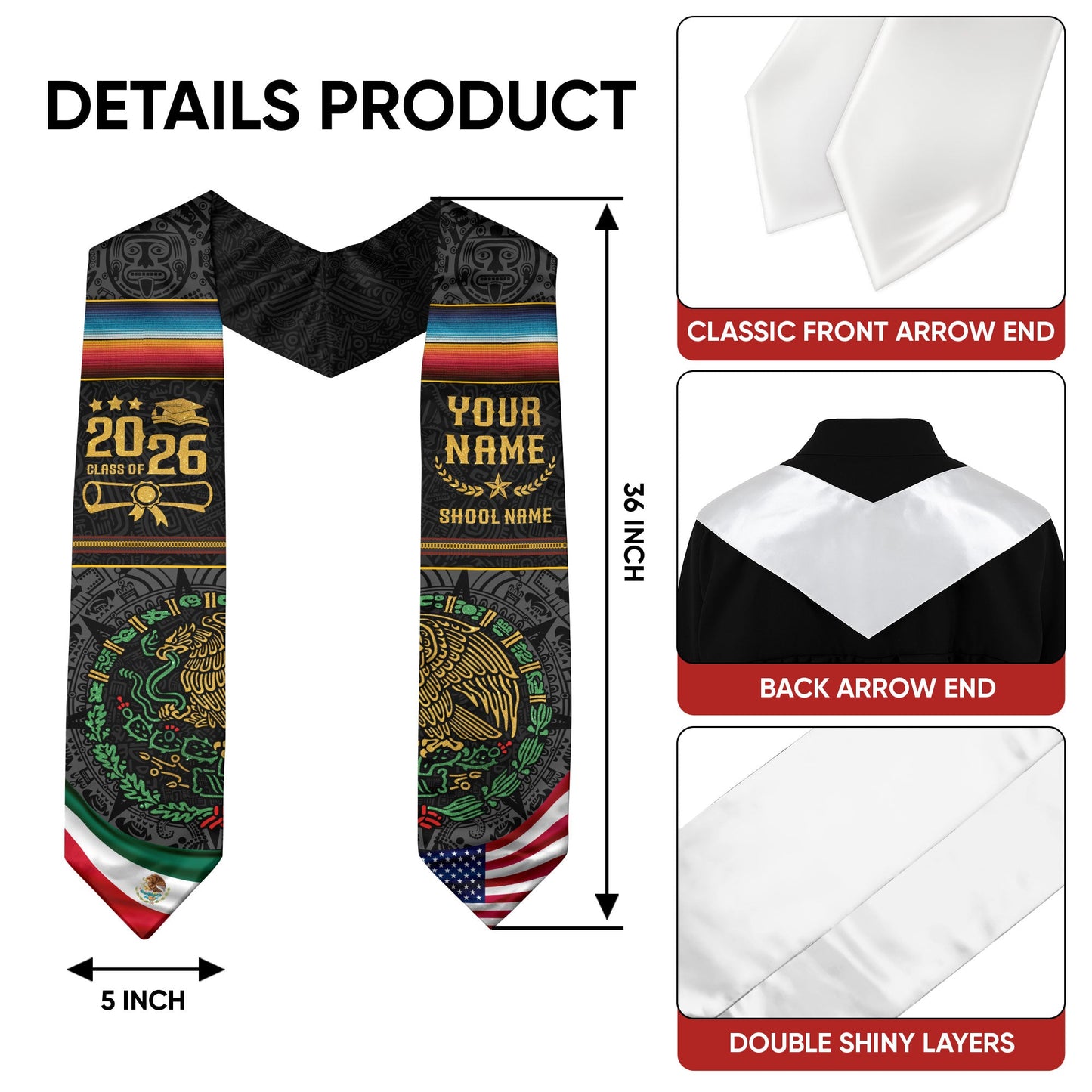 Custom Graduation Sash Mexico Aztec 2026, Mexican Stole for Graduate Recognition