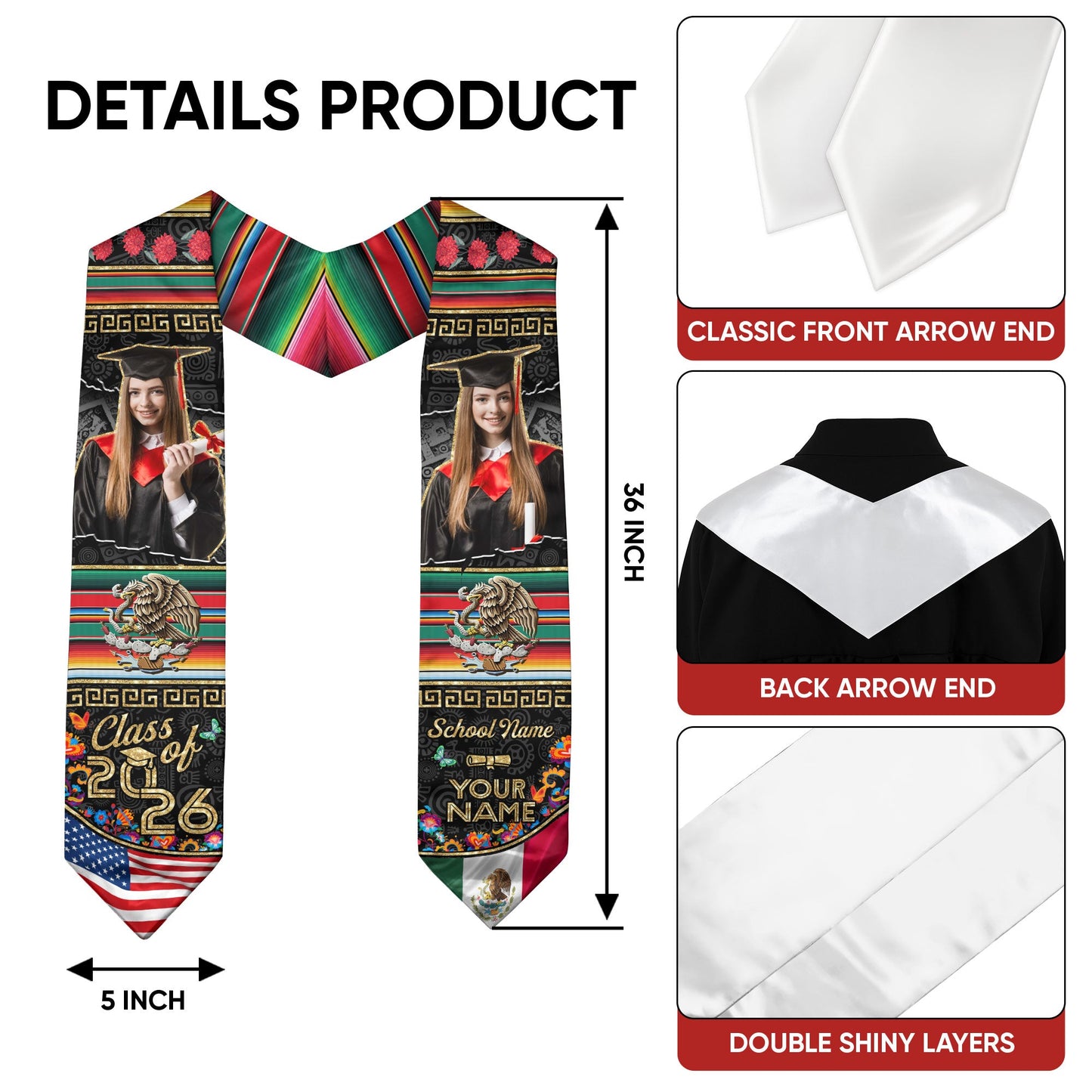 Custom Photo Mexican Graduation Stole 2026 Aztec Eagle & USA Flag Graduation Sash Mexican