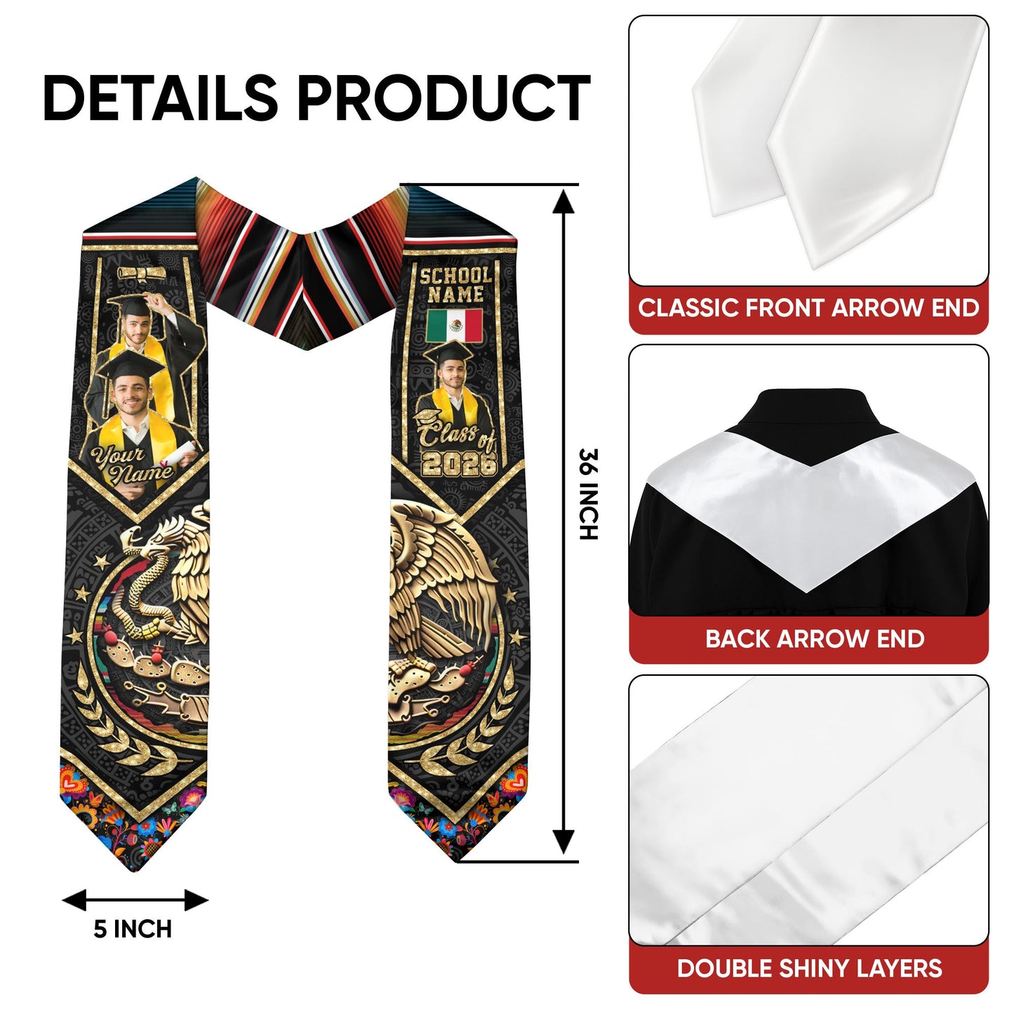 Custom Photo Mexican Graduation Stole 2026 Aztec Eagle Gold Serape Graduation Sash Mexico