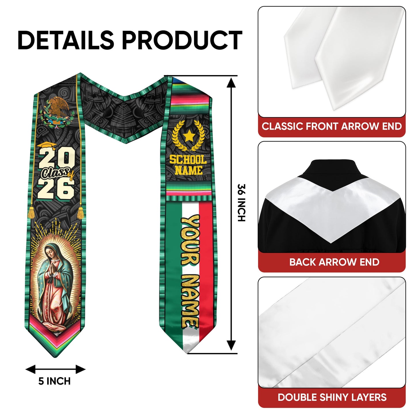 Custom Class of 2026 Virgen de Guadalupe Graduation Stole – Personalized USA Mexico Heritage Senior Sash