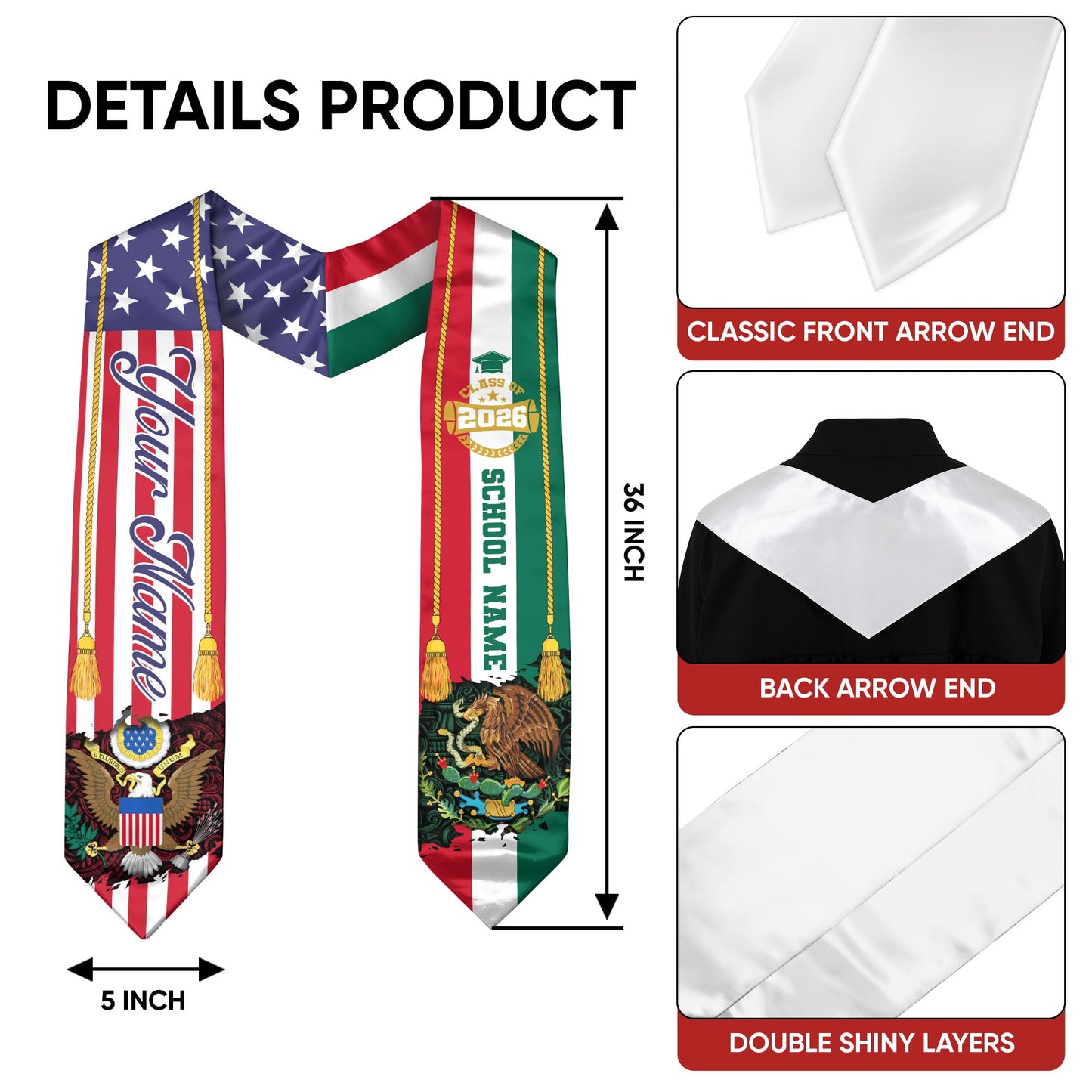 Personalized Mexican American Graduation Sash Class of 2026 Flag Eagle Name Stole