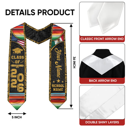 Custom Mexican Graduation Stole Class of 2026 Serape Stripe Aztec Pattern Name Sash