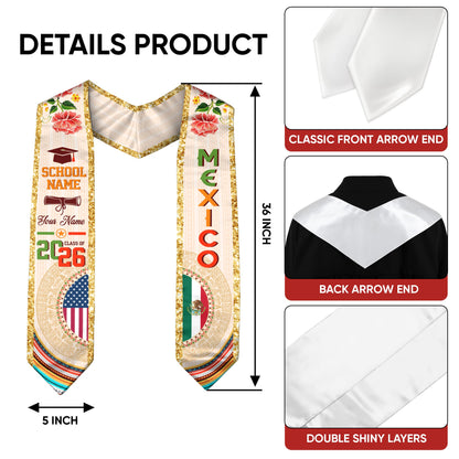Mexican Graduation Stole Custom Name Mexico USA Flag Aztec Rose Class 2026