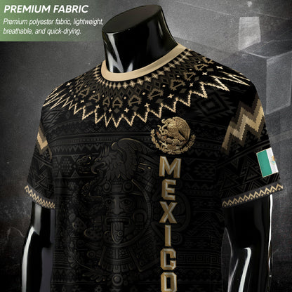Mexico Heritage Soccer Jersey, Black Gold Aztec Pattern Design Jersey For Men