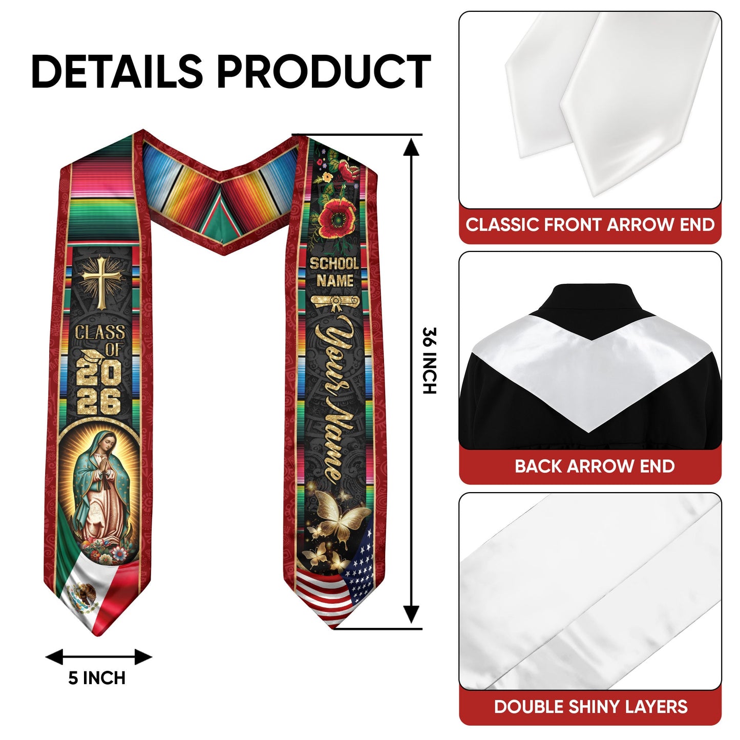 Custom Mexican Graduation Stole 2026 Mexico Sash Virgin Mary Butterfly Aztec Patterns