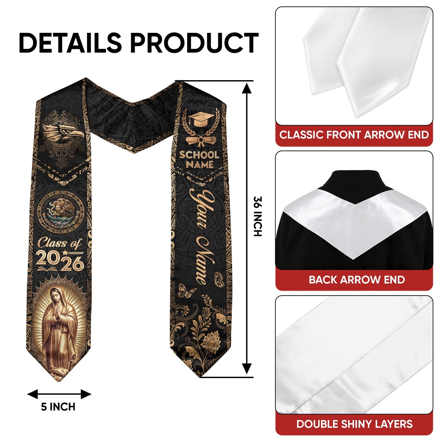 Mexican Graduation Stole 2026 Custom Mexico Sash Virgin Mary Cross Aztec Patterns