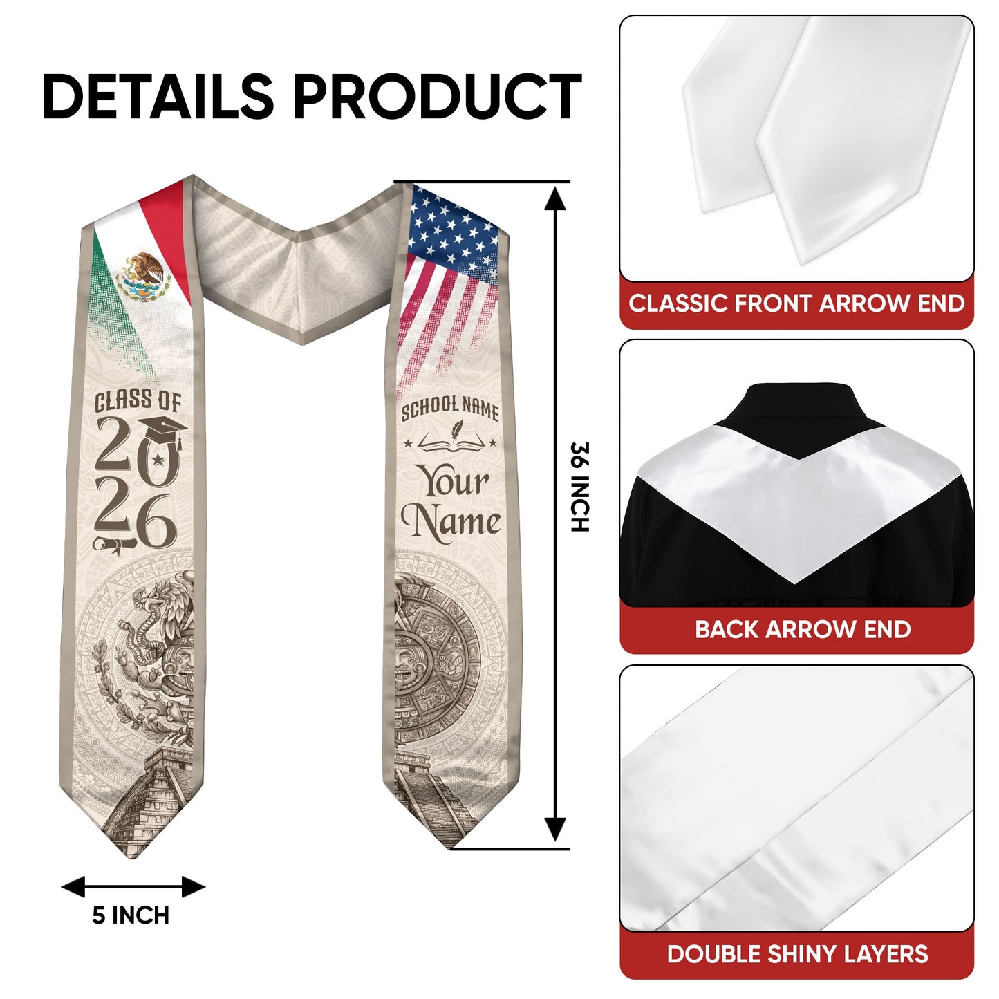 Mexican Graduation Stole Aztec Calendar Pyramid Eagle USA Mexico Flag Custom Sash