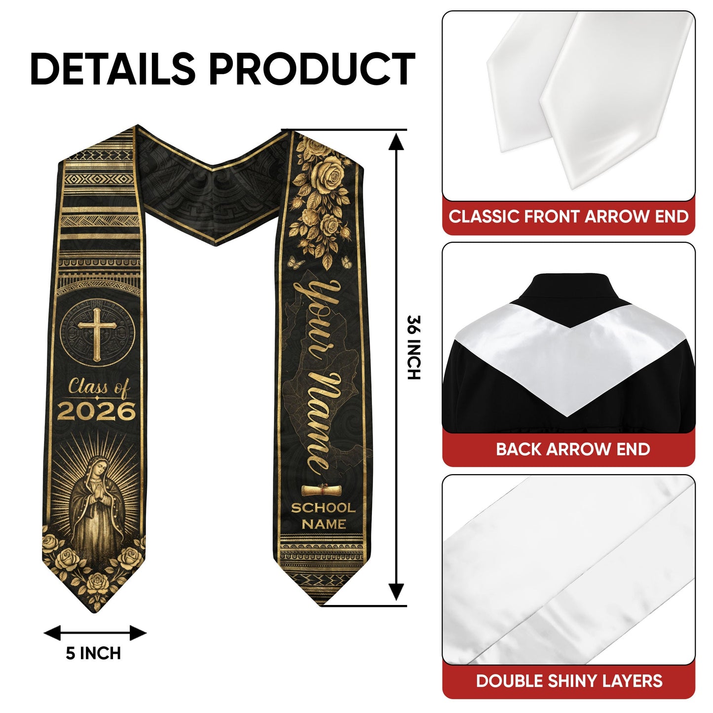 Mexican Graduation Stole Aztec Pattern Cross Virgin Mary Gold Rose Custom Sash 2026